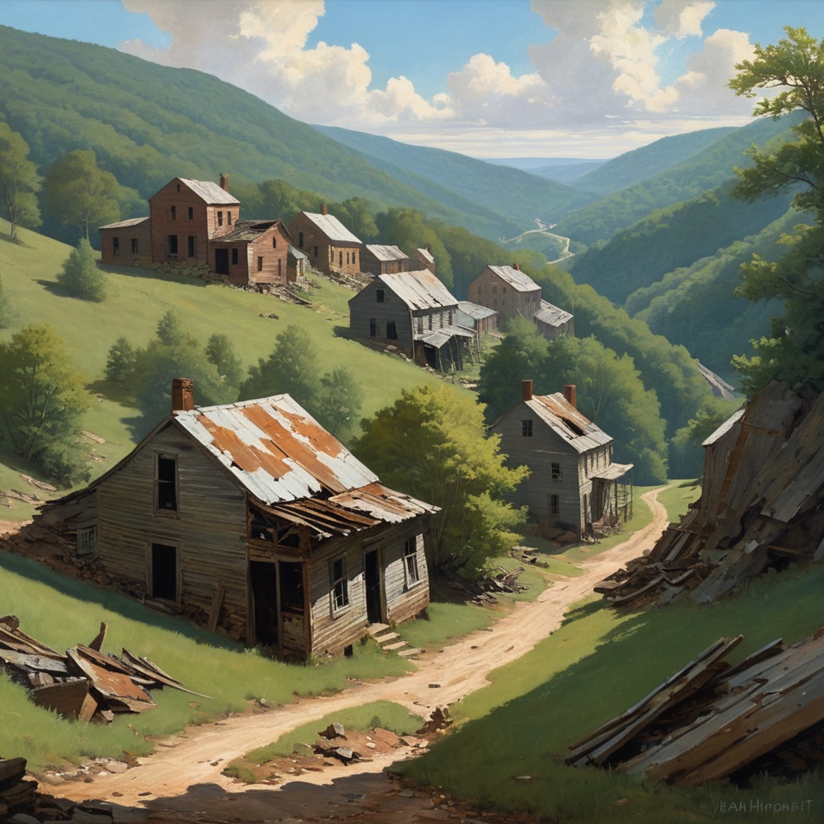 a classic landscape painting of an abandoned mining town in the hills of West Virginia, by Jean-HonorÃ© Fragonard and by É...